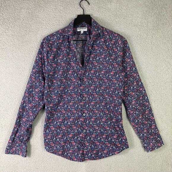 Express Men's Extra Slim Fit Floral Blue Long Sleeve Button-Up‎ Shirt S - Picture 4 of 10